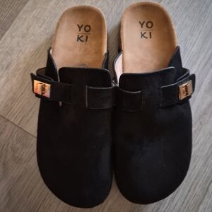 Yoki Black Suede Mules with Gold Buckle